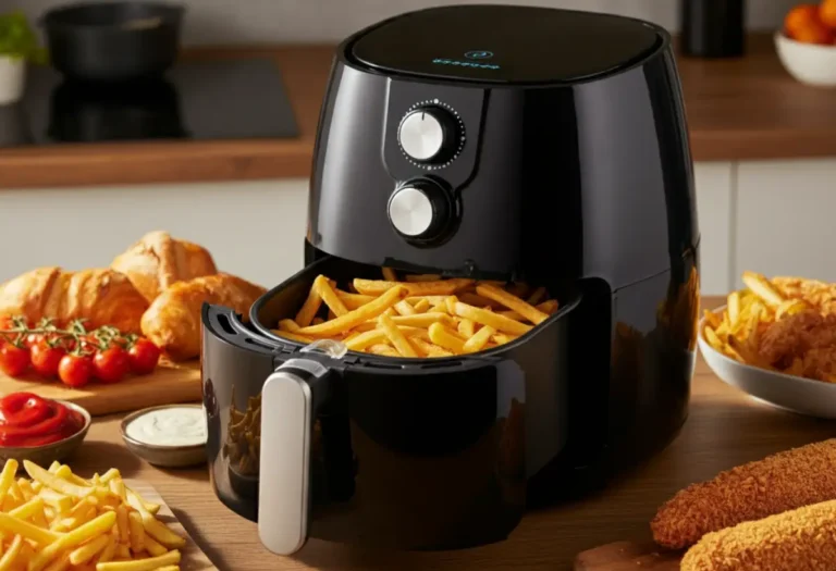 Une friteuse à air remplie de frites dorées et de divers autres aliments délicieux, présentant une option de cuisine saine.