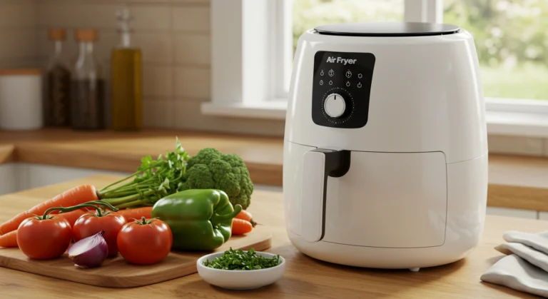 Une friteuse à air blanche sur un comptoir de cuisine à côté d'un bol rempli de légumes frais, prête pour une cuisine saine